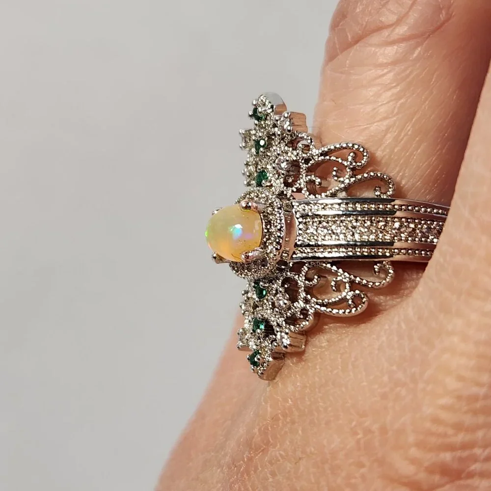 NIB 925 Art Deco Natural Opal & Tsavorite Accent Ornate Scroll Ring Sz 8.5 - Picture 11 of 12